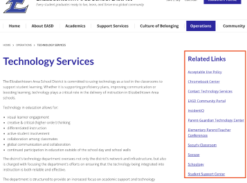 Tech Services page on the district website with related links on the right side of the page.