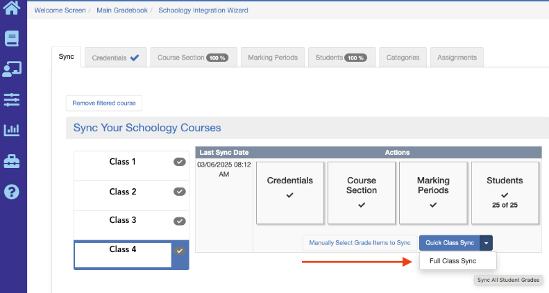 Sapphire sync tool with the sync button expanded to reveal Full Class Sync.