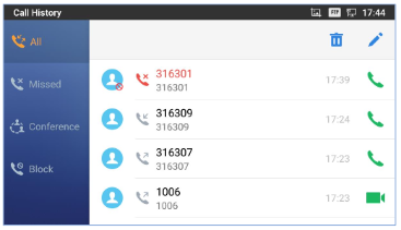 Grandstream Call History screen