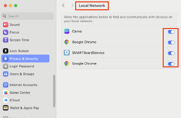 Enable Local Network settings to connect Mac to devices on the EASD network.