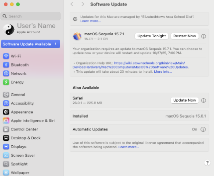 Apple System Settings Software Update Available screen