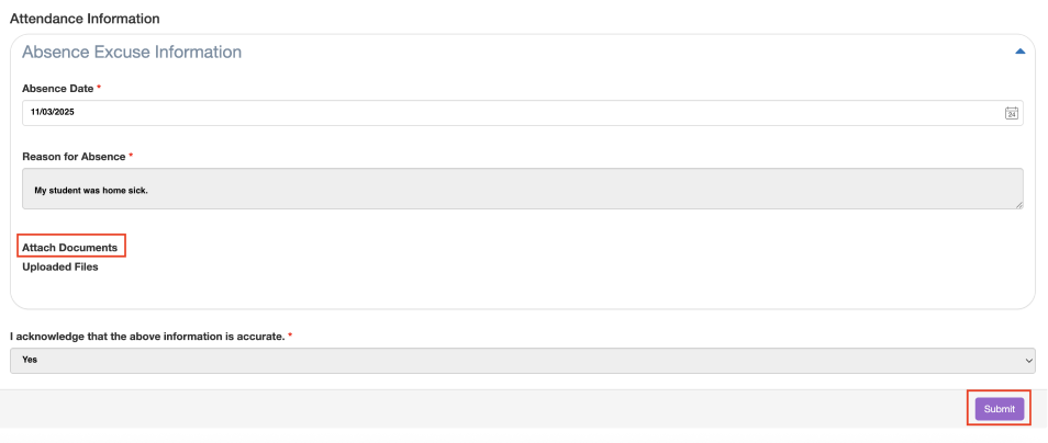 Screenshot of absence form required fields.