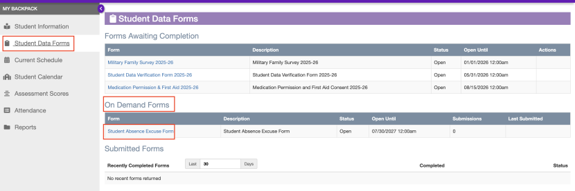 Community Portal screenshot showing Student Data Forms