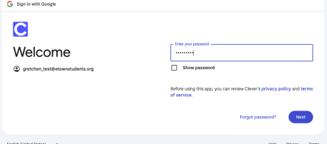 Screenshot showing the Clever login Gmail password field.