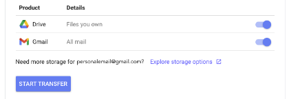 Menu of content to transfer: Google Drive and/or Email