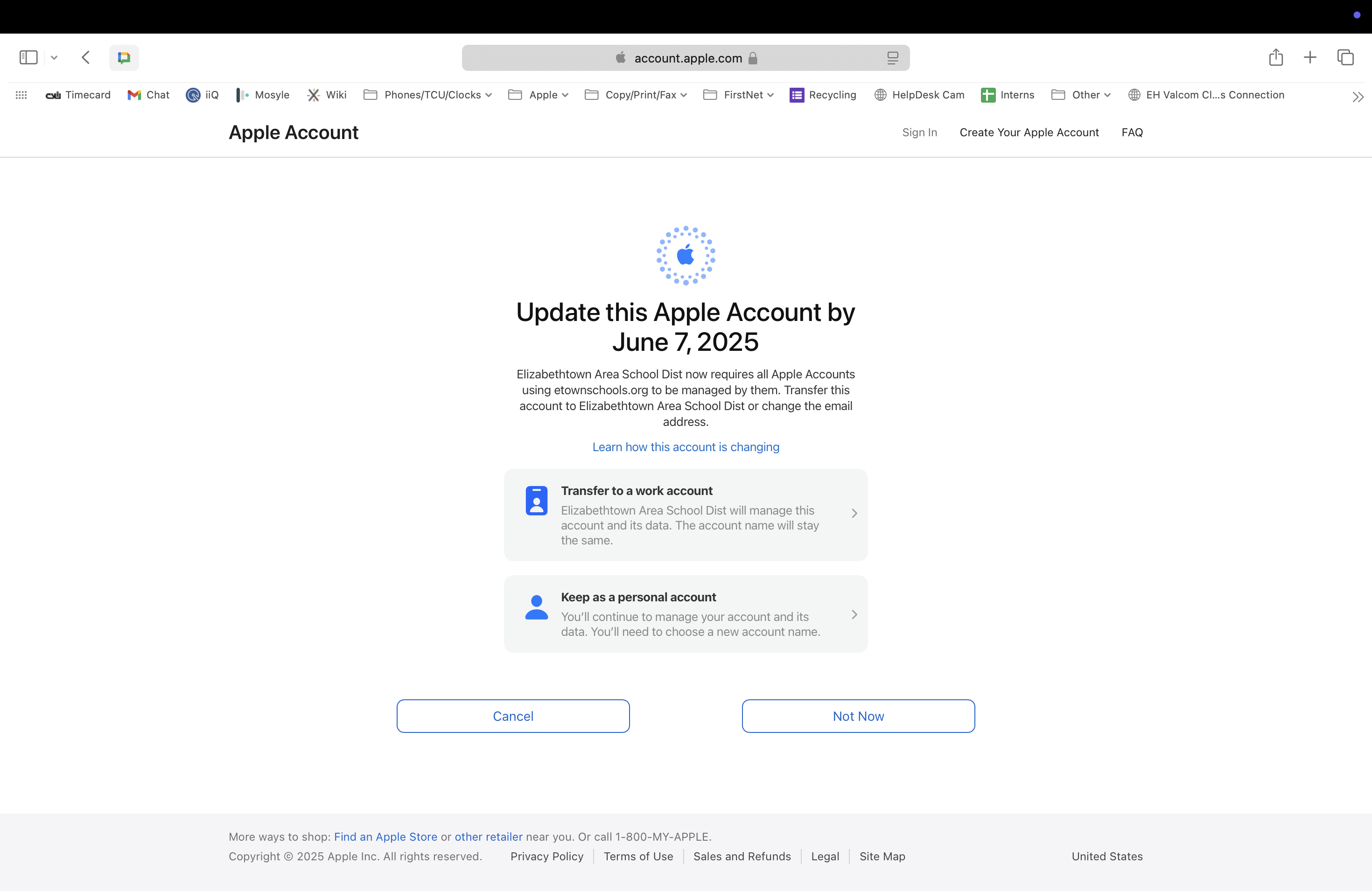 Screenshot showing the Apple prompt to transfer to a work account or keep as a personal account.