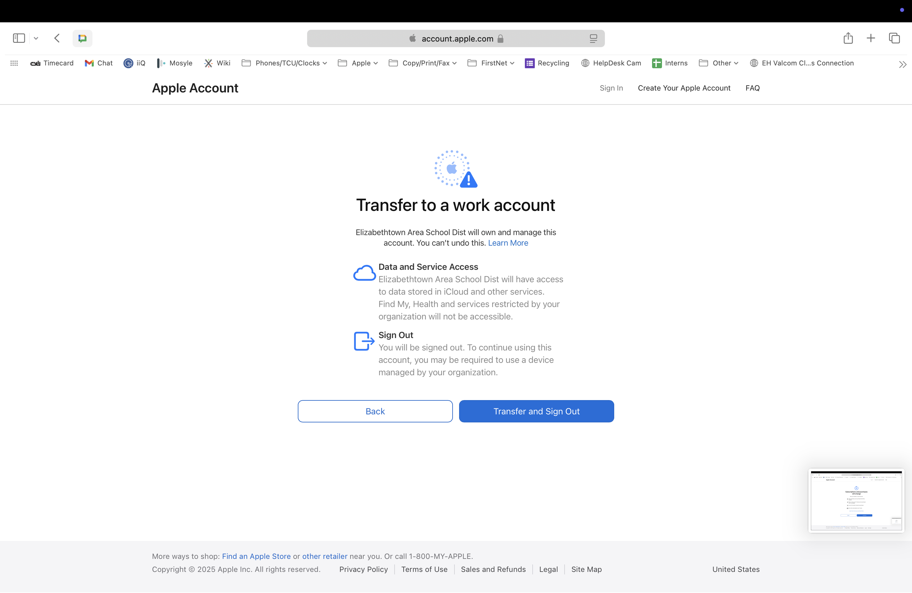 Screenshot showing that the account will transfer to work account.