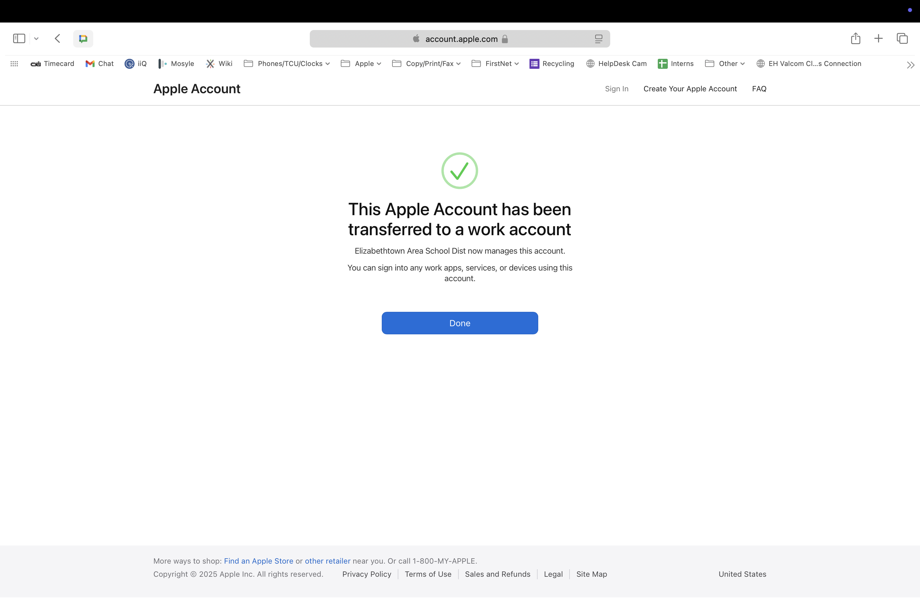 Screenshot of Apple account transfer successful confirmation page.