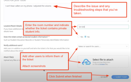 Screenshot showing where to describe issue, add users and submit ticket.