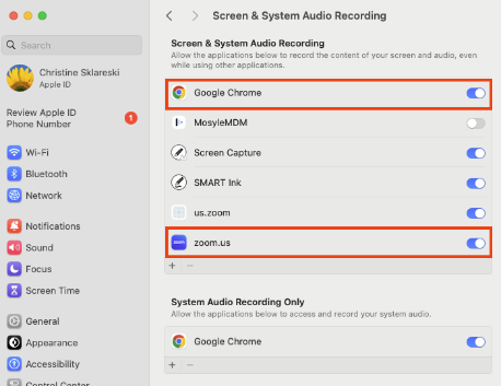 Screenshot of Audio Recording Settings in Mac System Settings.