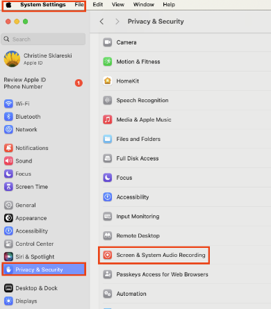 Screenshot of Mac Apple System Settings Menu