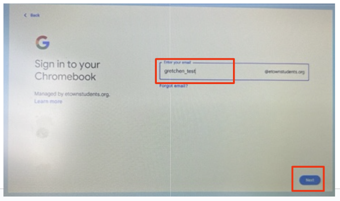 Chromebook login screen with student email filled in.