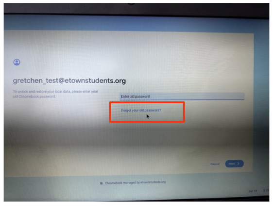 Chromebook screen showing forgot old password link.