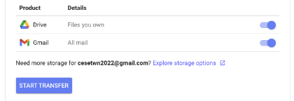 Menu of content to transfer: Google Drive and/or Email