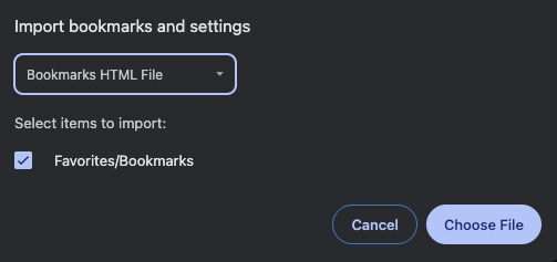 Screenshot of the Import bookmarks and settings selector window in Chrome.