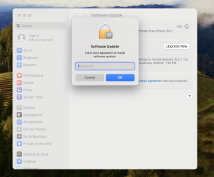 Software Update screen prompting a password